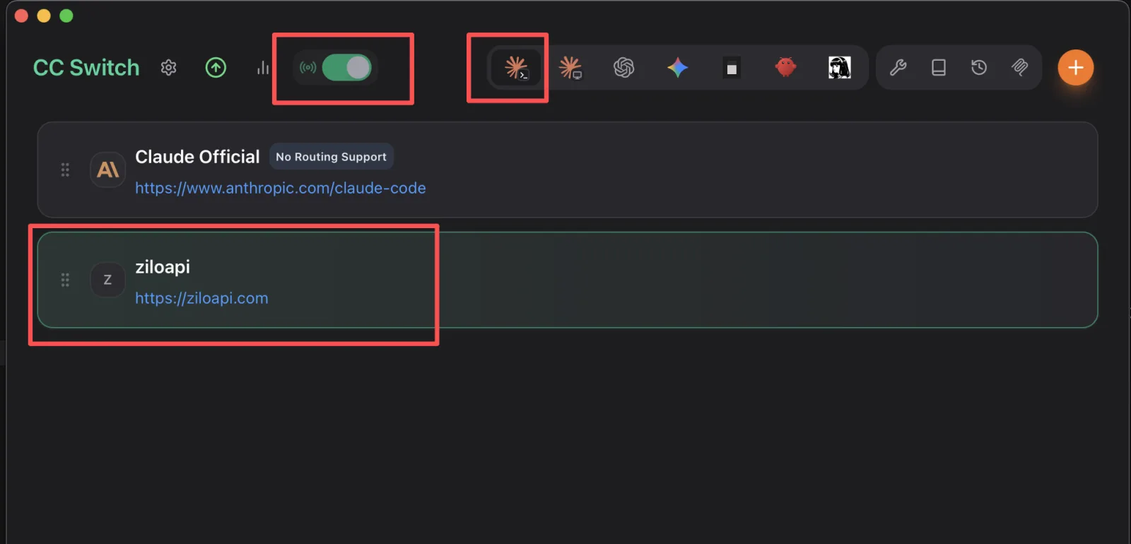 这张图片展示的是VS Code中Claude Code插件的CC Switch设置界面，用于配置该AI工具的中转相关内容。图中红色框标注了三个核心部分：顶部的绿色路由开关，处于开启状态；开关右侧的Claude相关功能标识；以及下方选中的中转配置项“ziloapi”，其对应的端点地址为https://ziloapi.com。该设置对应Claude Code使用中调整路由为中转站的操作，完成该配置是与Claude成功对话的前置步骤之一。