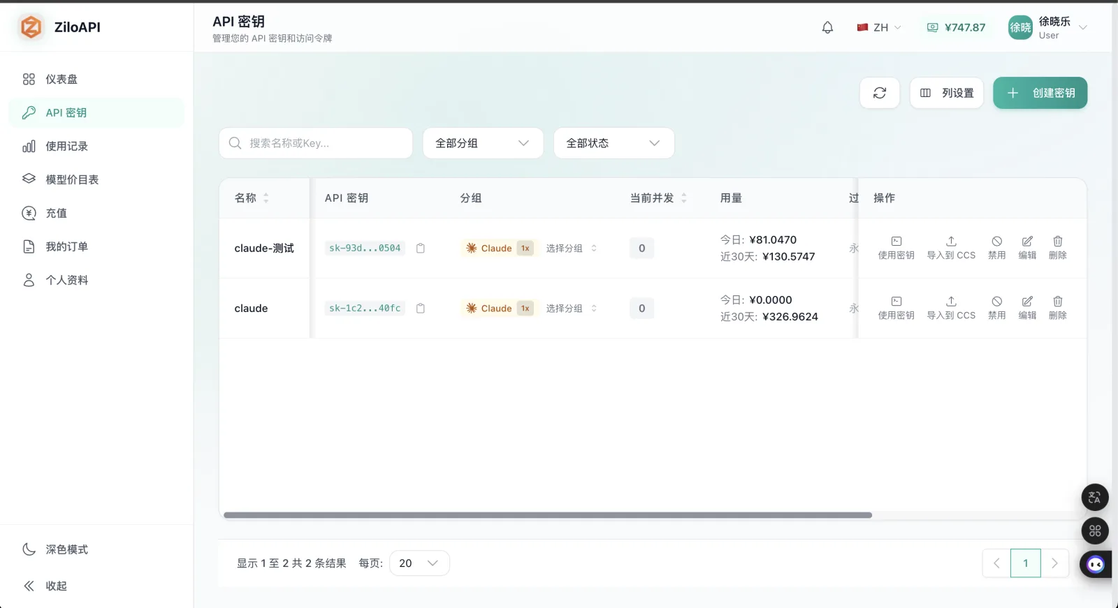 这张图片是ZiloAPI平台的「API密钥」页面，该页面属于《AI智能体使用手册》中Codex安装配置流程的相关内容。页面左侧是功能导航栏，已选中「API密钥」选项，显示平台当前登录用户为“韩精虎”，页面中间区域展示了2条已生成的API密钥信息，包括密钥名称、密钥内容、分组、当前并发、用量情况，右侧还提供了使用密钥、导入CCS、复制等操作选项，页面上方设有搜索栏、「全部分组」「全部状态」筛选按钮，以及「创建密钥」的操作按钮。